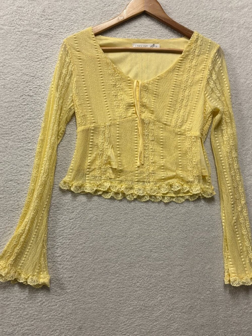 Altar'd State Yellow Lace Flare Sleeve Crop Top Womens Small Tie Front Coquette